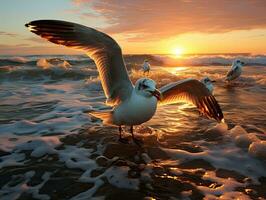 Seagulls on the beach at sunset. 3d rendering. Seagull flying over the sea at sunset. Beautiful seascape. AI Generative photo