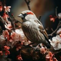 A redpoll sits on a branch of a blossoming tree. AI Generative photo