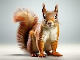 Squirrel sitting on a log and looking at the camera, 3d render. Eurasian red squirrel isolated on white background. Studio shot. AI Generative photo