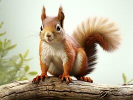 Squirrel sitting on a log and looking at the camera, 3d render. Eurasian red squirrel isolated on white background. Studio shot. AI Generative photo