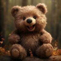 Teddy bear sitting in autumn forest with fallen leaves, 3d illustration AI Generative photo