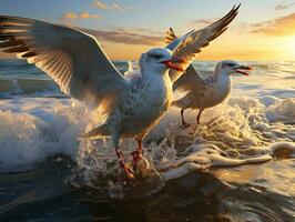 Seagulls on the beach at sunset. 3d rendering. Seagull flying over the sea at sunset. Beautiful seascape. AI Generative photo