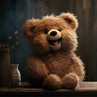 Teddy bear with milk bottle on dark wooden background. Toned. AI Generative photo