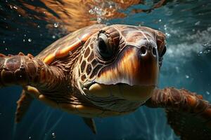 Green sea turtle swimming underwater in the ocean. Close up view. AI Generative photo