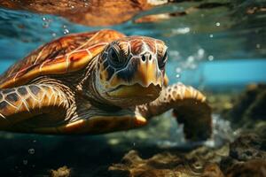 verde mar Tortuga nadando submarino en el océano. cerca arriba vista. ai generativo foto