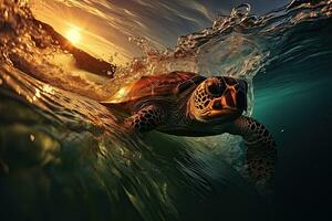 Hawaiian Green Sea Turtle swimming in the ocean at sunset.. AI Generative photo