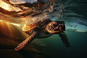 Green sea turtle swimming underwater in the ocean. Close up view. AI Generative photo