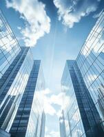 Skyscrapers in business district with blue sky and white clouds. AI Generative photo
