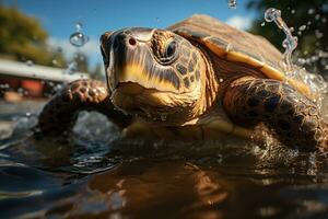 Hawaiian Green Sea Turtle swimming in the ocean at sunset.. AI Generative photo