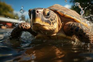 hawaiano verde mar Tortuga nadando en el Oceano a atardecer.. ai generativo foto