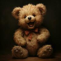 Teddy bear sitting on a dark background with a bow tie. AI Generative photo