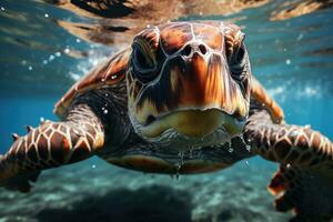 Green sea turtle swimming underwater in the ocean. Close up view. AI Generative photo