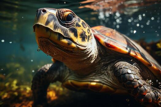 Green sea turtle swimming underwater in the ocean. Close up view. AI Generative photo