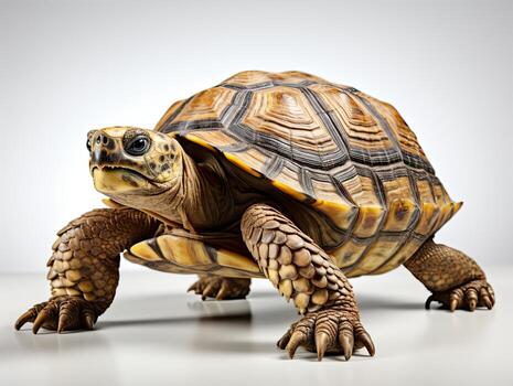 3d rendering of a tortoise on a gray background with shadow. African spurred tortoise Geochelone sulcata.  AI Generative photo