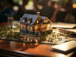 Miniature model of the house on the table. Real estate business concept. AI Generative photo