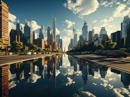 Modern office building with reflection in the water,. Modern skyscrapers in business district at sunset. 3d rendering. AI Generative photo