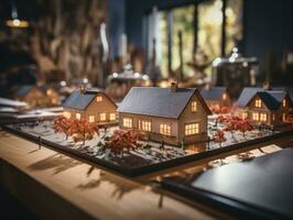 Miniature model of the house on the table. Real estate business concept. AI Generative photo