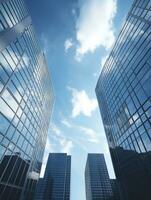 Skyscrapers in business district with blue sky and white clouds. AI Generative photo