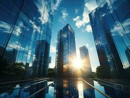 Modern office building with reflections. Modern skyscrapers in business district at sunset. 3d rendering. AI Generative photo