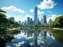 Modern office building with reflection in the water,. Modern skyscrapers in business district at sunset. 3d rendering. AI Generative photo
