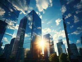 Modern office building with reflection in the water,. Modern skyscrapers in business district at sunset. 3d rendering. AI Generative photo
