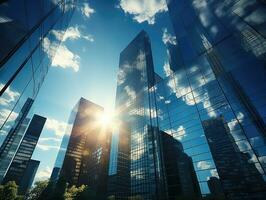 Modern office building with reflection in the water,. Modern skyscrapers in business district at sunset. 3d rendering. AI Generative photo