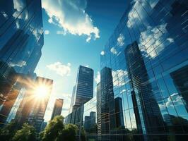 Modern office building with reflection in the water,. Modern skyscrapers in business district at sunset. 3d rendering. AI Generative photo