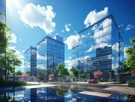Modern office building with reflection in the water,. Modern skyscrapers in business district at sunset. 3d rendering. AI Generative photo