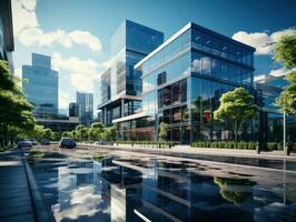 Modern office building with reflection in the water,. Modern skyscrapers in business district at sunset. 3d rendering. AI Generative photo