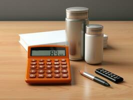 Calculator and notebook on table in office. 3d rendering. business concept. AI Generative photo