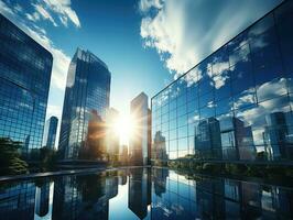 Modern office building with reflection in the water,. Modern skyscrapers in business district at sunset. 3d rendering. AI Generative photo