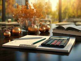 Calculator and notebook on table in office. 3d rendering. business concept. AI Generative photo