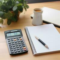 Calculator and notebook on table in office. 3d rendering. business concept. AI Generative photo