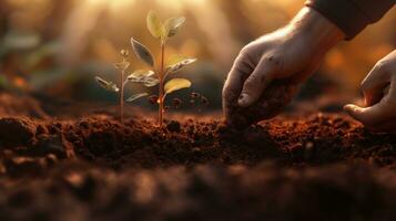Close up of human hands planting tree seedling in fertile soil with sunlight.  AI Generative photo