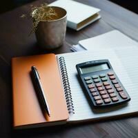 Calculator and notebook on table in office. 3d rendering. business concept. AI Generative photo