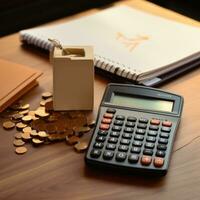 Calculator and notebook on table in office. 3d rendering. business concept. AI Generative photo