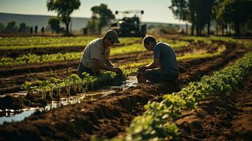 granjero y agrónomo a trabajo en el campo de vegetales. ai generativo foto