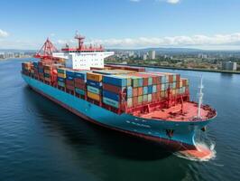 Aerial view of Container Cargo ship with working crane bridge in port. AI Generative photo