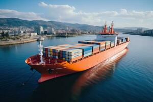 Aerial view of Container Cargo ship with working crane bridge in port. AI Generative photo