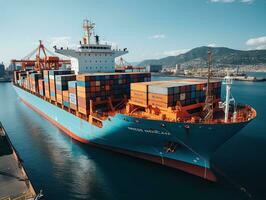 Aerial view of Container Cargo ship with working crane bridge in port. AI Generative photo