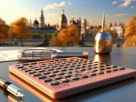 Calculator and notebook on table in office. 3d rendering. business concept. AI Generative photo