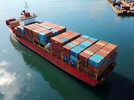 Aerial view of Container Cargo ship with working crane bridge in port. AI Generative photo