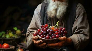 Old man with long gray beard, mustache and moustache sitting on wooden table with bunch of grapes in vineyard at sunset. AI Generative photo