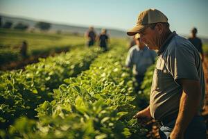 granjero y agrónomo a trabajo en el campo de vegetales. ai generativo foto