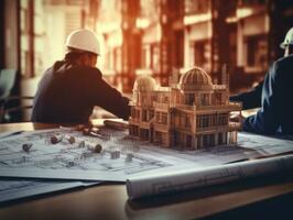Architect working on blueprint at office desk with building model. Construction concept. AI Generative photo