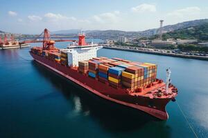 Aerial view of Container Cargo ship with working crane bridge in port. AI Generative photo