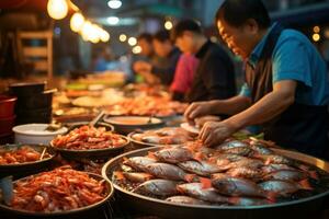 Fresco pescado para rebaja a el flotante mercado o pescado mercado. en tailandia, Asia. ai generativo foto