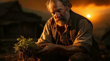 retrato de un antiguo granjero trabajando en el campo a puesta de sol. un hombre con un cesta de verde té en su manos a puesta de sol. ai generativo foto