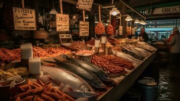 Fresco pescado para rebaja a el flotante mercado o pescado mercado. en tailandia, Asia. ai generativo foto