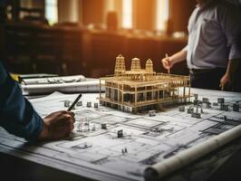 Architect working on blueprint at office desk with building model. Construction concept. AI Generative photo